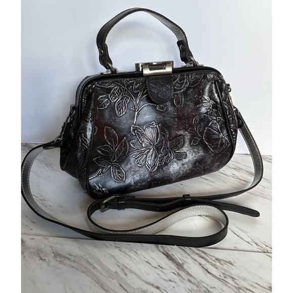Gracchi Metallic Embossed Leather Satchel, Black Silver, Artsy Boho Doctor Bag - Picture 2 of 13